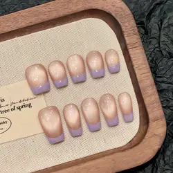 Short Purple French Press on Nails Handmade Sweet Korean Cat Eye Fake Nails for Girl Women Wearable Reusable False Nail Patches