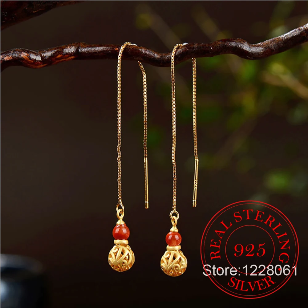 925 Sterling Silber Schmuck 18K Vergoldete Natürliche Achat-Kürbis Lange Quasten-Ketten Ohrhänger für Damen Hochzeit Party Geschenk
