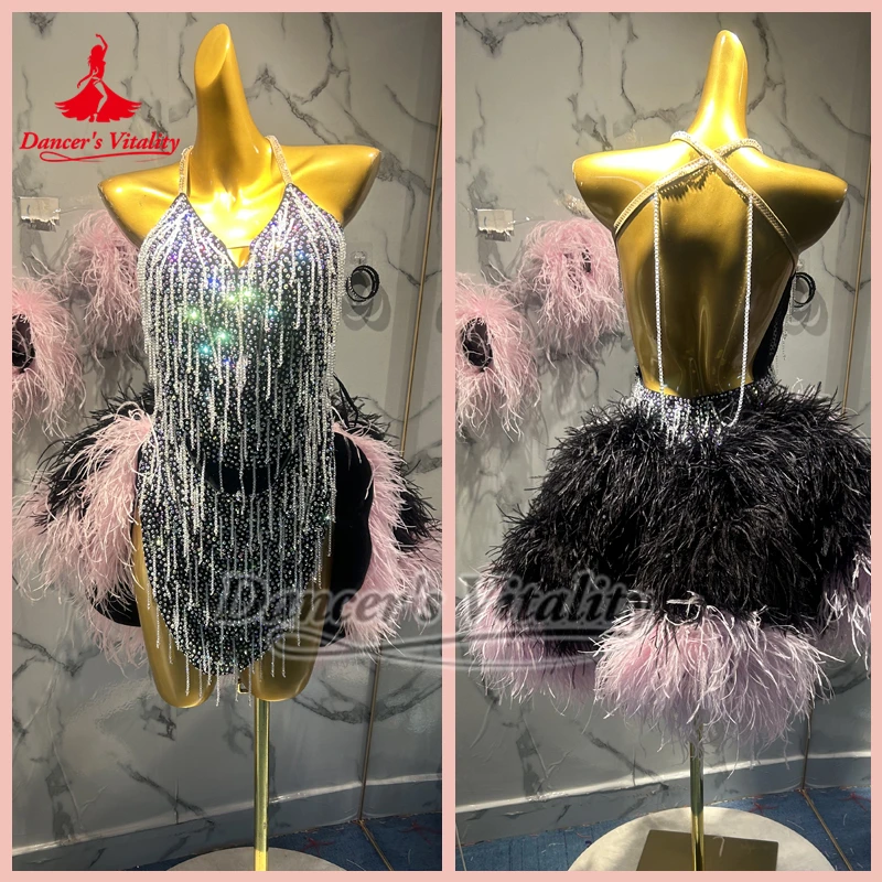 

Одежда для соревнований по латинским танцам для женщин, индивидуальное платье для пожилых людей AB Stones с перьями, наряд для взрослых и детей, танго, самба, румба