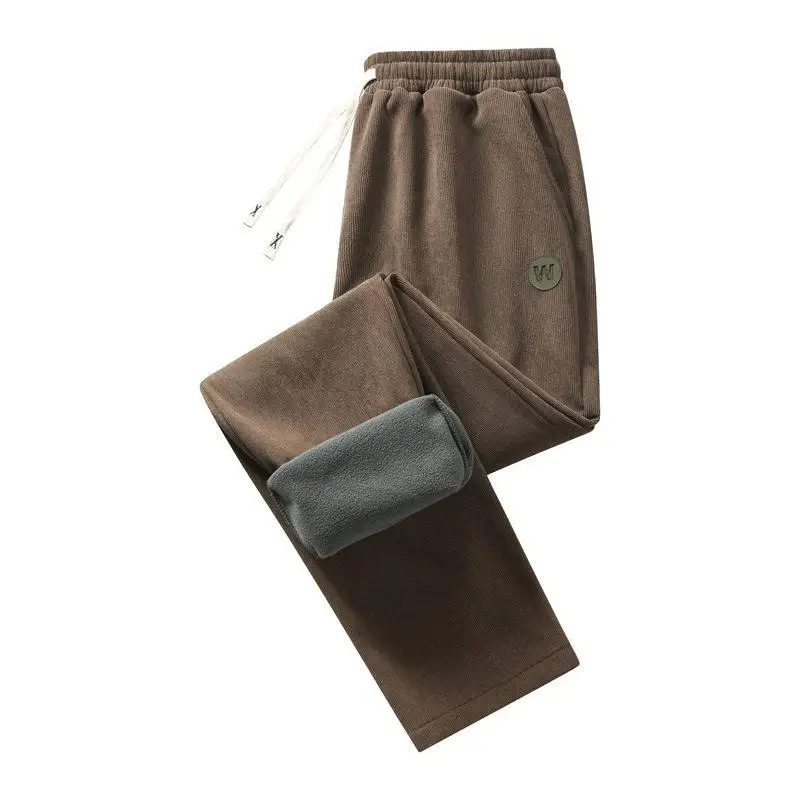 Corduroy Fleece Lined Wide Leg Casual Pants Clean Fit High Waist Straight Tube Spring Autumn Winter Youth Men's Fashion