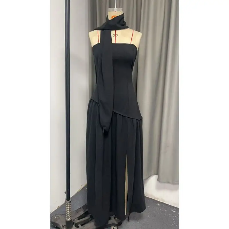 Abito lungo estivo da donna con spacco irregolare, elegante, a contrasto, con nastro sottile e lacci sul retro, senza spalline, novità