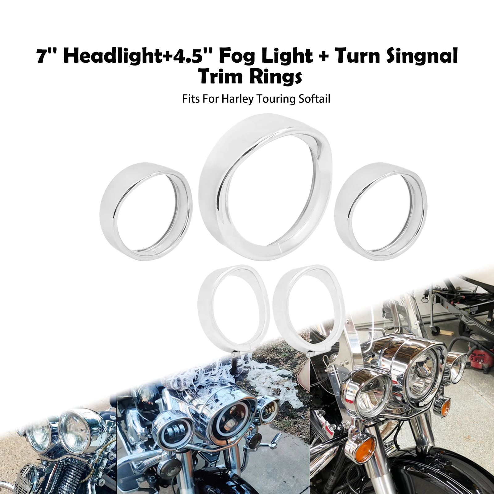 Motorcycle 7'' Headlight Trim Ring+4.5'' Fog Light Cover +Visor Style Turn Signal Ring For Harley Touring Road King FLHR Softail