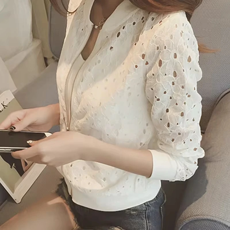2026 Summer New Korean Thin Long Sleeve Lace Sunscreen Women'S Zipper Baseball Uniform Coat Thin Hollow Casual Tops Y2K