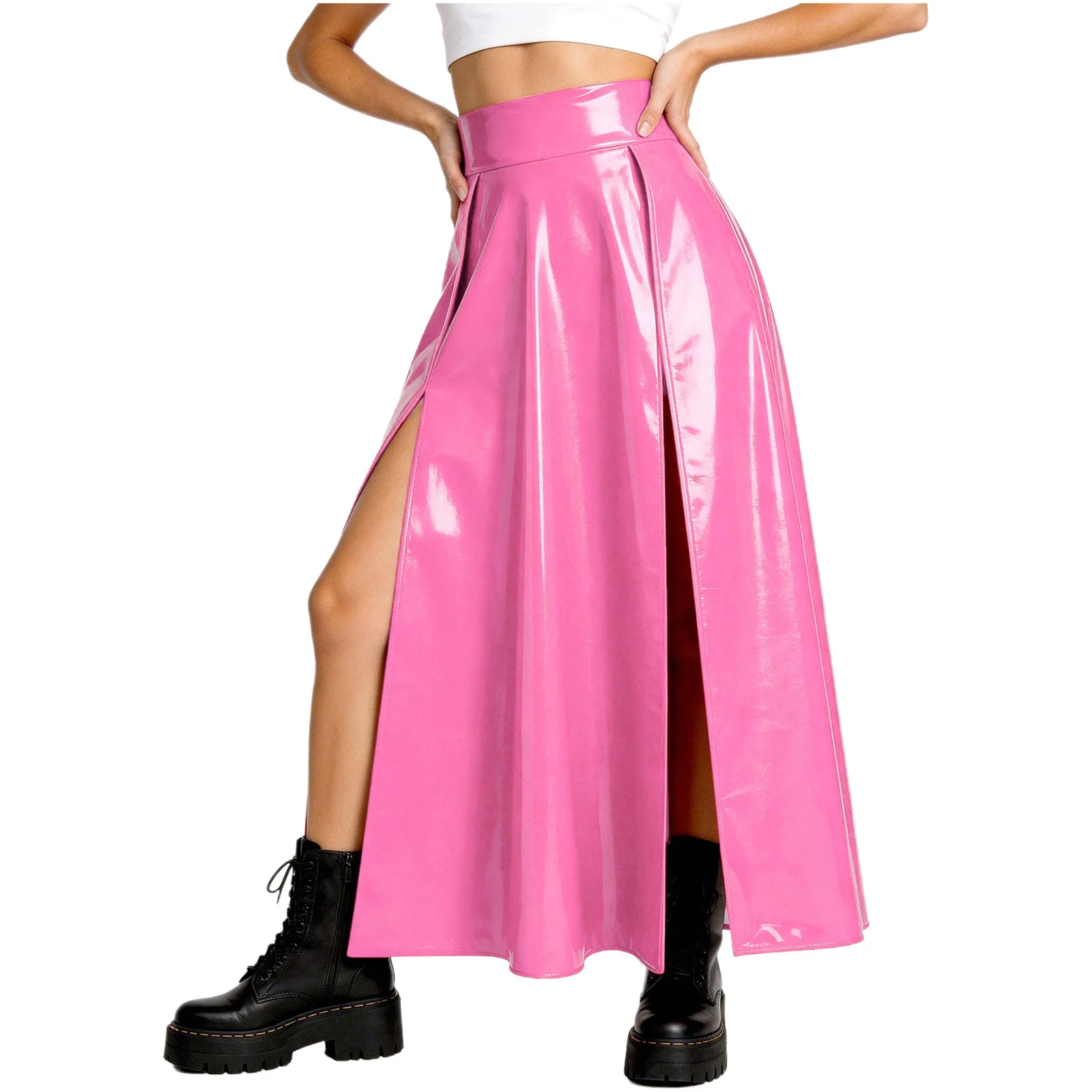 Women's Glossy Patent Leather Skirt High Waist Split Pleated Maxi Skirts Y2k Long Skirt Rave Music Festival Party Clubwear