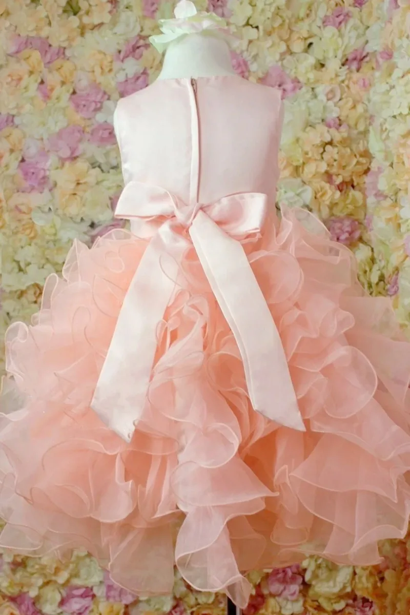 Vestido Pink Flower Girl com babados em cascata, apliques de renda, cinto conversível na cintura, ajuste floral 3D, casamento e vestido de aniversário