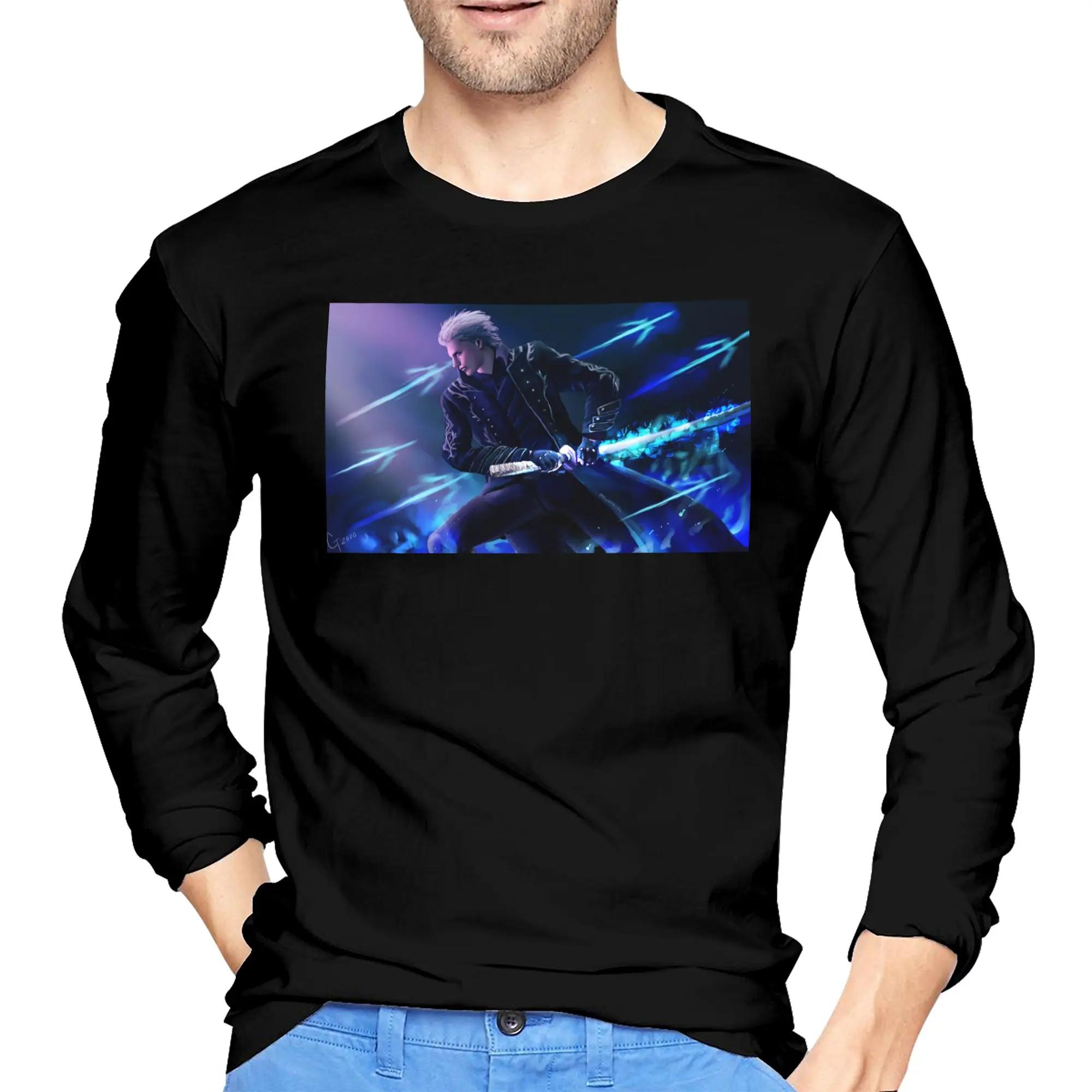 

Vergil From the Devil May Cry Series Men's Long Sleeved T-shirt Breathable Round Neck T shirts Spring and Autumn Men tops