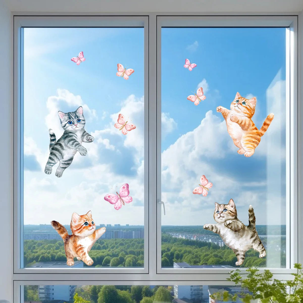 Watercolor Cartoon Cat Butterfly Windows Stickers for Living Room Decoration Kids Bedroom Wall Decals Home Decor