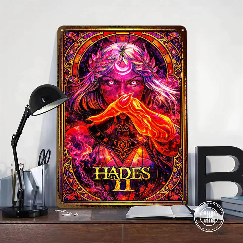 Hades II Melinoe Stained Glass Art Poster Customized Vintage Metal Signs Wall Art Retro Tin Plaque for Home Decoration Gaming
