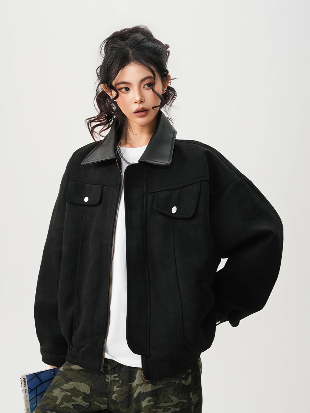 Damen Lederjacke Herbstmantel Vintage Motorradjacken Y2k Mustang Mäntel Harajuku Schwarz Goth Outfits 2000er Winter Oberbekleidung