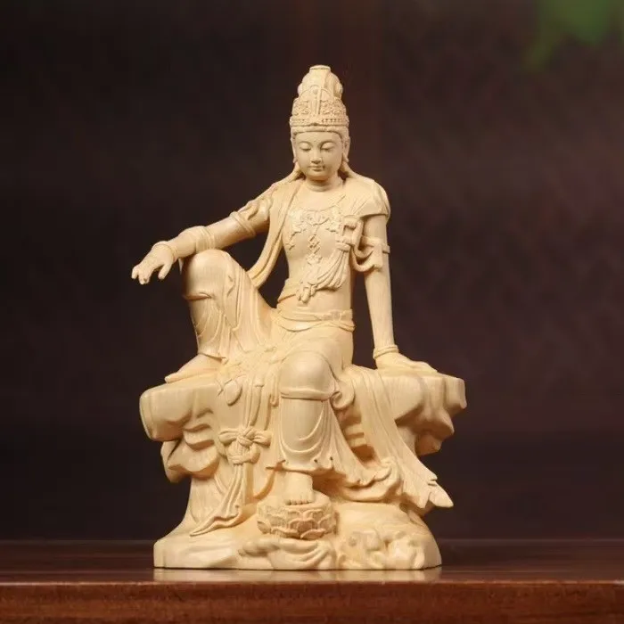 Small leaf boxwood carving from Guanyin Buddha statue ornament Buddhist hall offering wooden