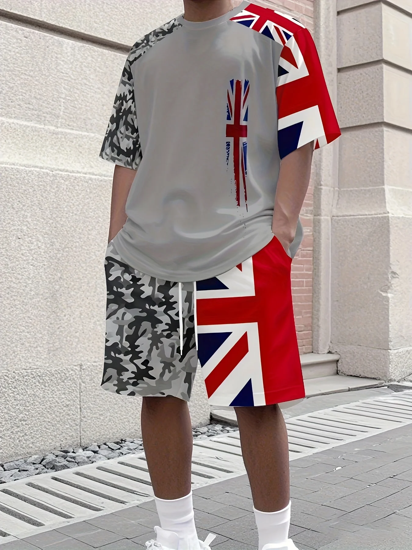 

Men'S Casual Sportswear Set with Union Jack Print - Breathable Polyester Knit Fabric, Short Sleeve T-Shirt and Shorts Combinatio