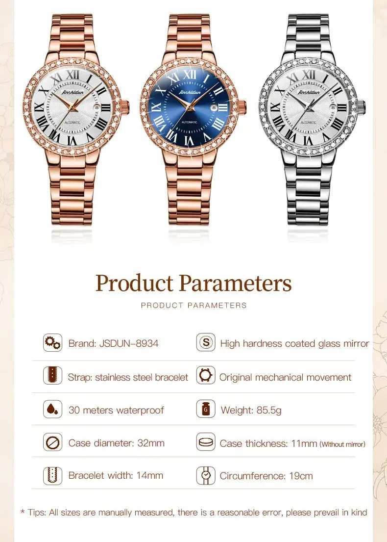 JSDUN 8934 Roman Scale Mechanical Watch For Women Auto Date Luxury Elegant Woman Wristwatch Stainless Steel Waterproof Watches