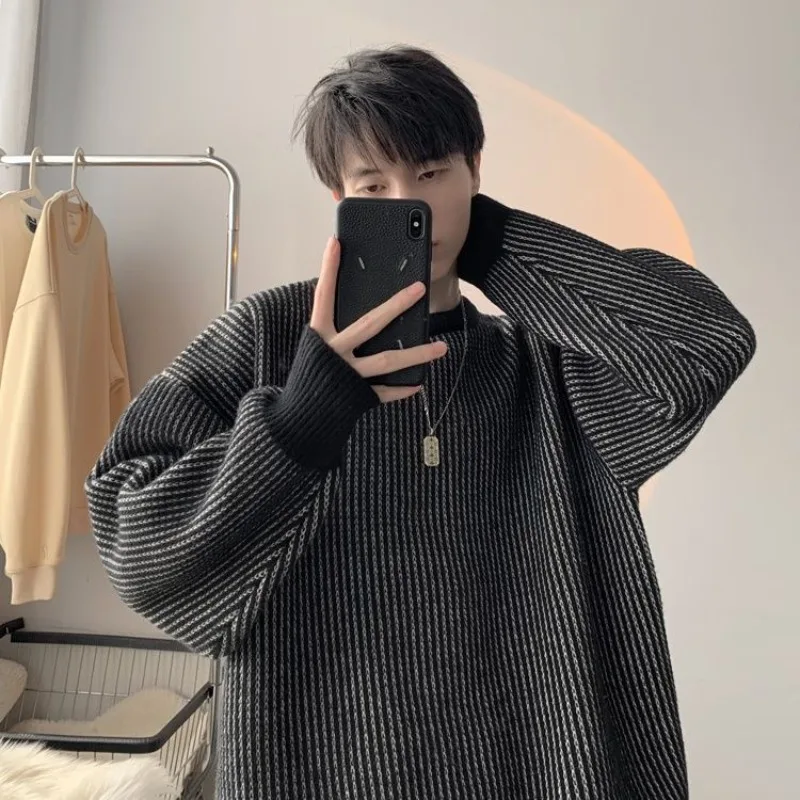 Lazy Style Pullovers Male Round Collar Striped Black Knitwear Leisure Cashmere Cheap Top Streetwear Cable Y2k Men's Knit Sweater