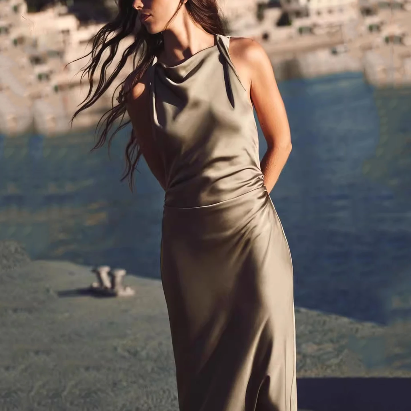 엘리 실크 새틴 여성용 조끼 롱 드레스 미디 스커트 슬레 지퍼 클로저 H라인 폴리에스터 섬유 노 슬리브 라운드 넥 데일리...