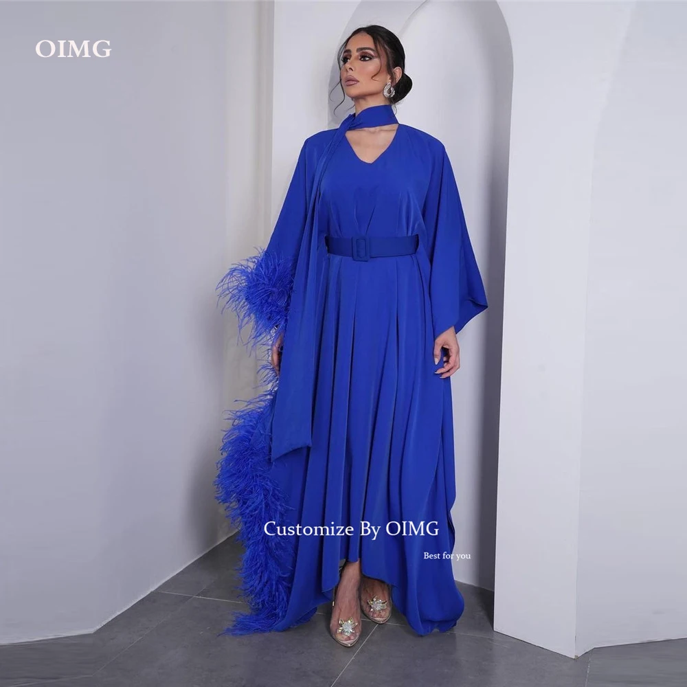 

OIMG Vintage Blue Chiffon Straight Evening Dresses Feathers Long Sleeves V Neck Scarf Dubai Arabic Women Formal Prom Gowns