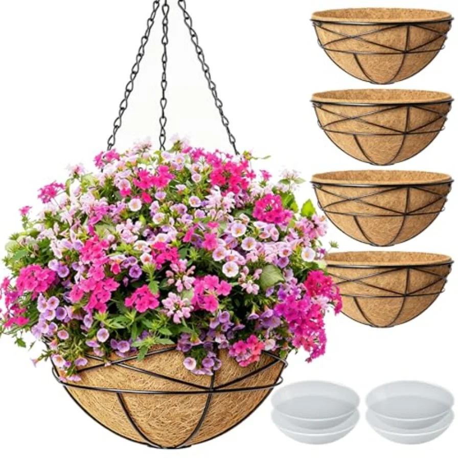

4 Pack Hanging Baskets for Plants Outdoor Large Flower Planters with Coco Liner for Outside Panting Watering Plant Pot Holder f