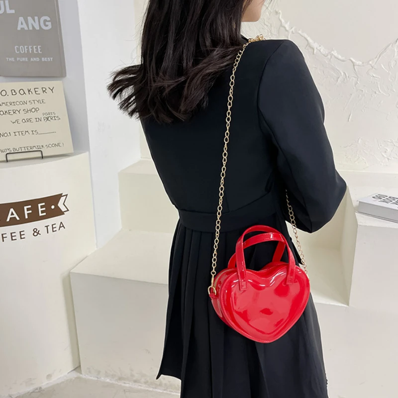 Fashion Women\'s Heart Shaped Handbags Cute Kawaii Solid PVC Crossbody Bags Wallet Purse Simple Chain Shoulder Bag Lady Handbag