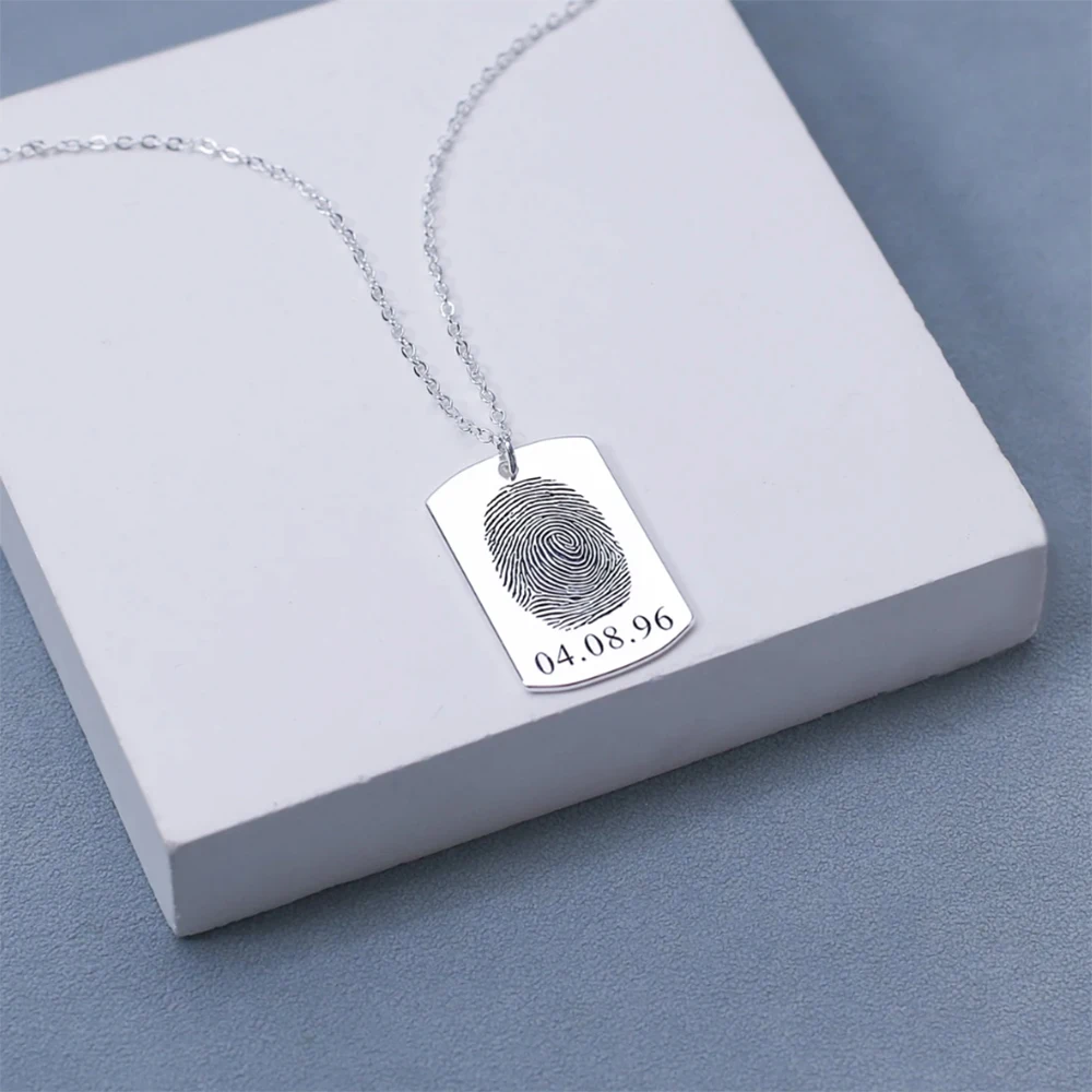 قلادة مخصصة بصمة للرجال والنساء ، الفولاذ المقاوم للصدأ ، لوحة معدنية مربعة ، قلادة التاريخ ، هدية الذكرى #5