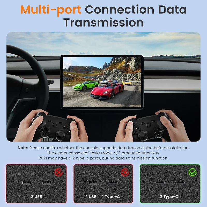 Car USB HUB For Tesla Model 3 Model Y 2021-2023 Car USB Shunt Hub 27W Fast Charging Type-C Intelligent Docking Station Adapter