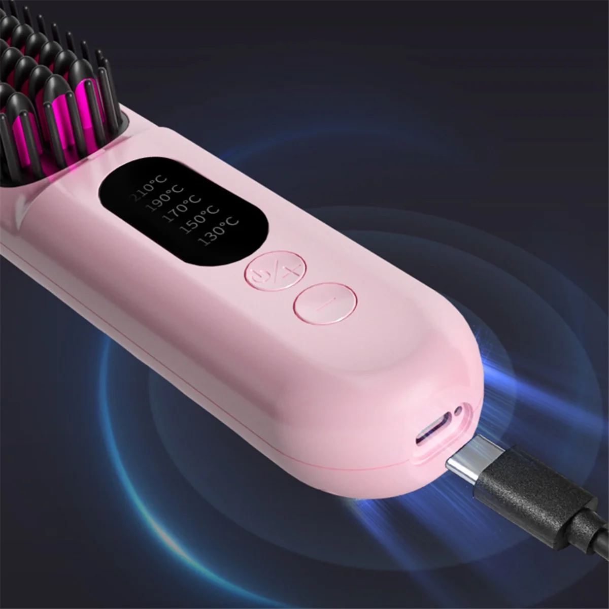 Wireless Hair Straightener Brush Fast Heated Straightener Brush Negative Ions Hair Curler Portable Heating Comb-Pink