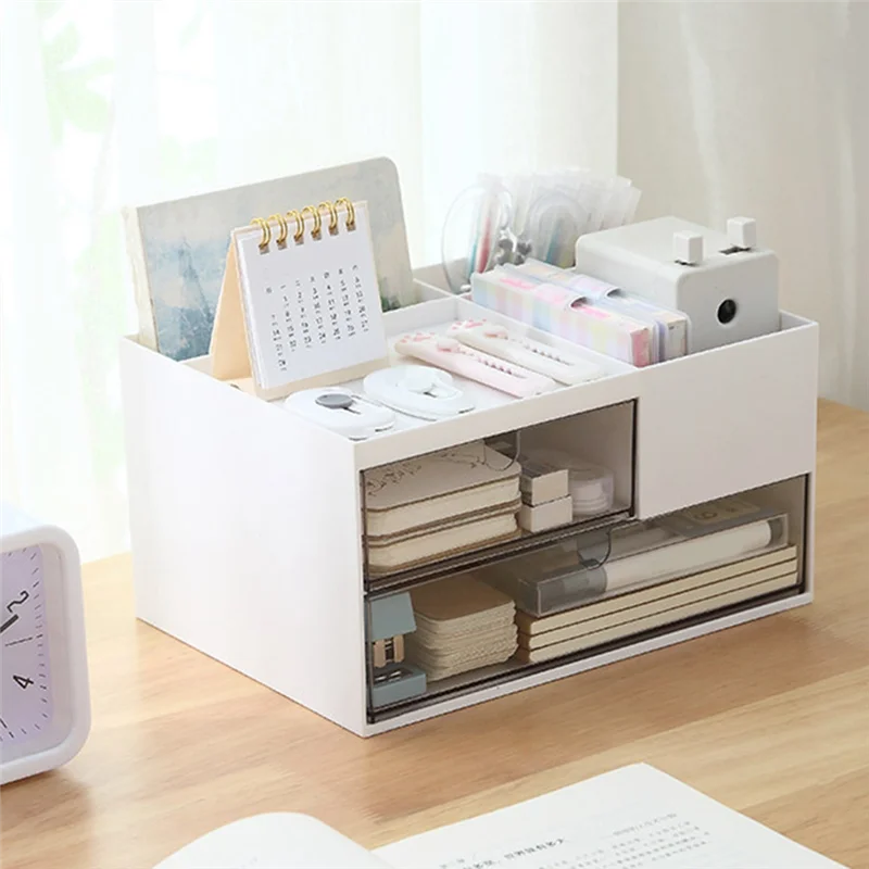 منظم مكتب بلاستيكي لتخزين المكياج مع درجين و4 حجرات، منظم مكتب