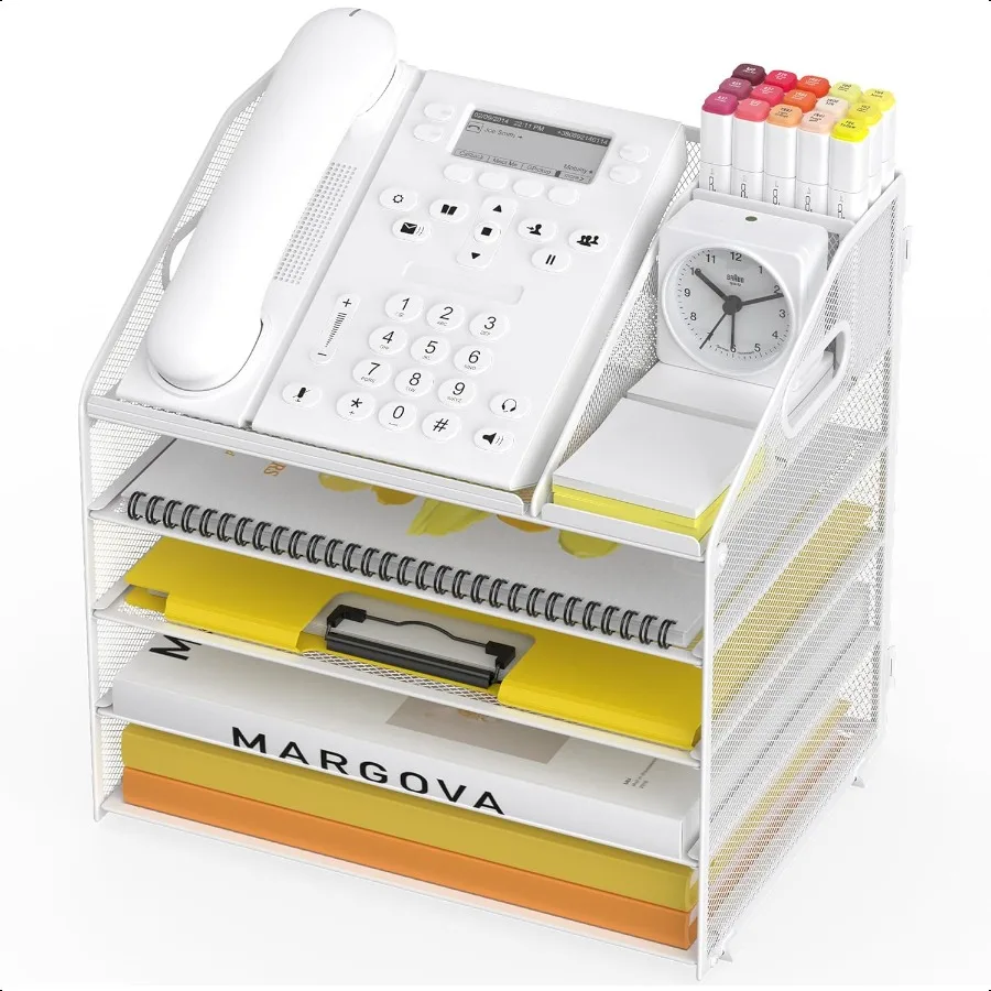 

Letter Tray Paper 5 Tier Desk Organizer with Pen Holder and Handle Mesh File Organizer Paper Sorter Metal Desktop Document Shel