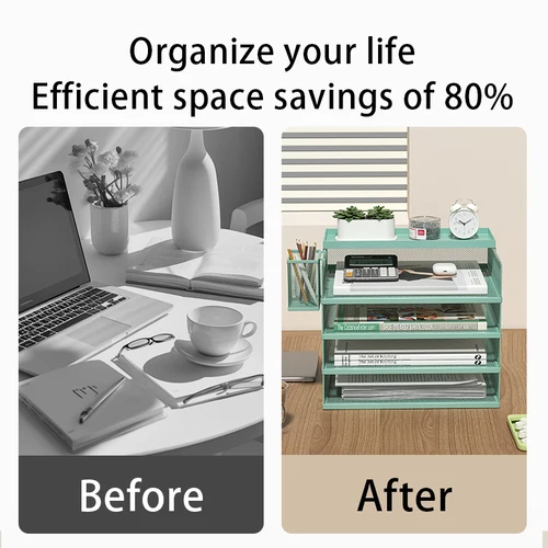 Imagen 2 del producto Bandeja de cartas apilable verde de 4 niveles, organizador de escritorio de oficina, bandejas de archivos, soporte de escritorio para accesorios de cartas de papel con portalápices