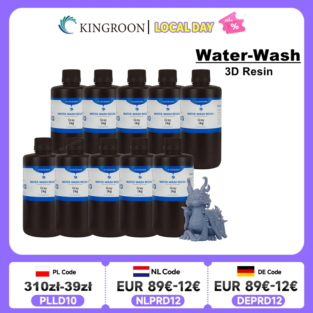 Resina per lavaggio ad acqua KINGROON 22LbS 405nm resina lavabile in acqua fotopolimero Standard per stampante 3D LCD ad alta precisione 5kg 10kg
