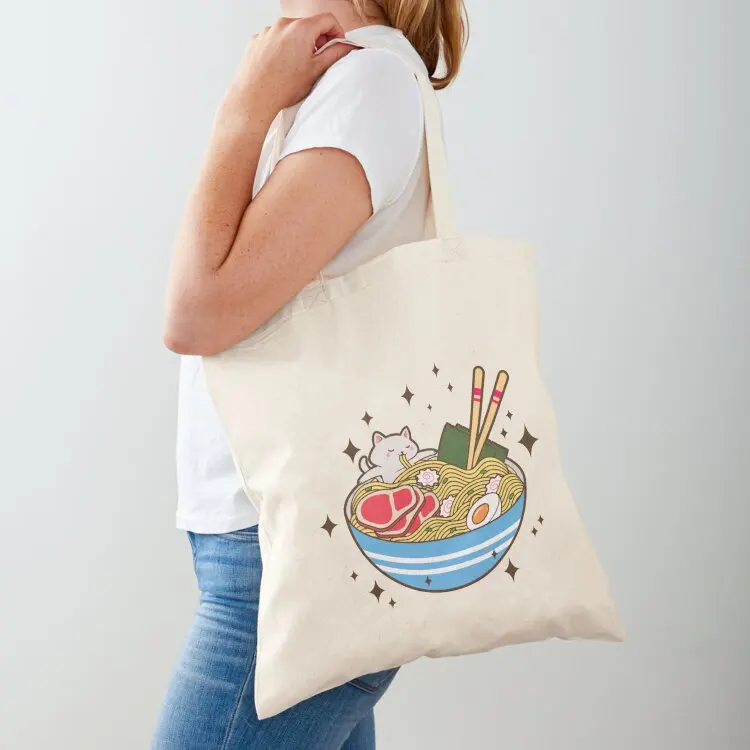 Cat Eating Ramen Cute Noodles Tote Bag