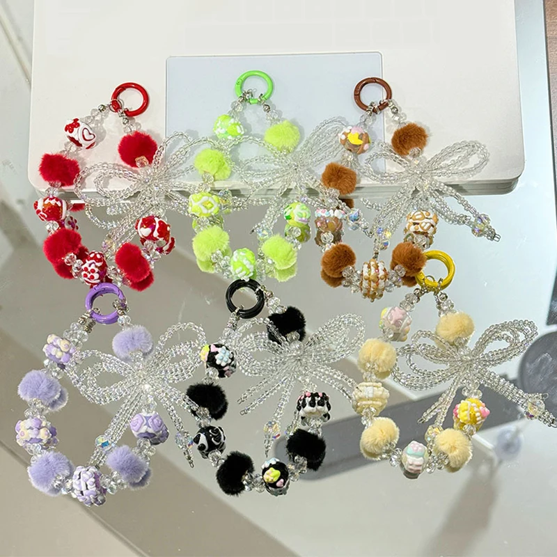 Fashion Fur Ball Beaded Phone Chain Keychain Creative Anti Lost Phone Lanyard Wristband Girls Y2K Cellphone Strap Camera Pendant