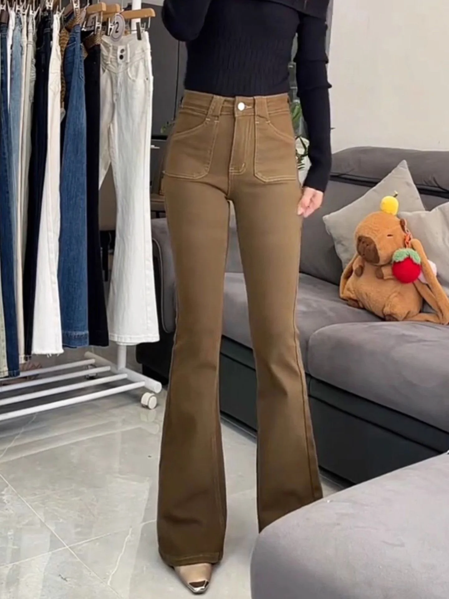 Slim Fit High Waist Bell Bottom Denim Jeans Women's Fashionable Mural Color Elastic Dragging Pants Autumn New Style