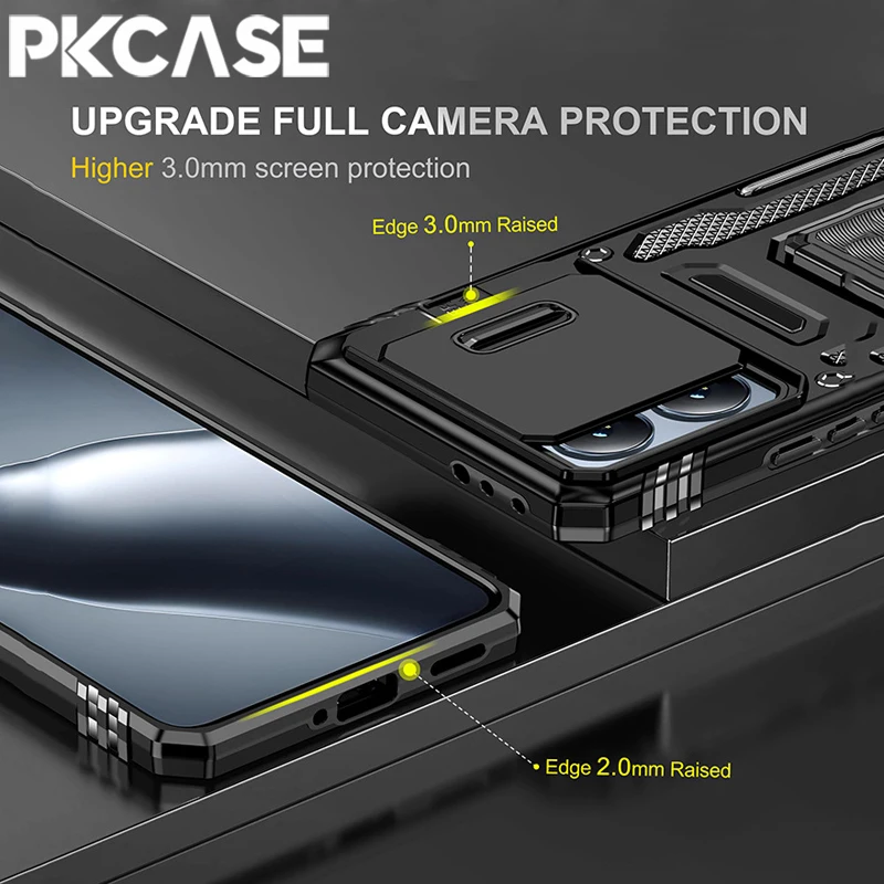 PKCASE Military Grade Shockproof Bracket Case For Xiaomi Poco X6 Pro Push Window Cover For Xiaomi 14T Pro