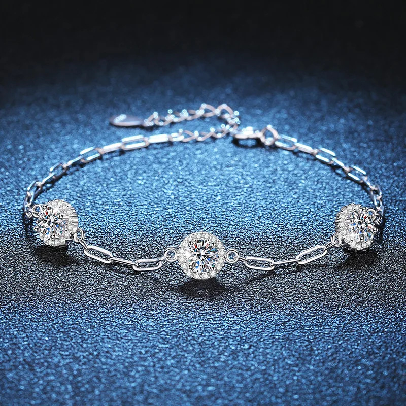 1.5ct Moissanite Bracelet 925 Silver with Certificate Classic Luxury Round Sparkling Diamond Chain Bracelets for Women Jewelry