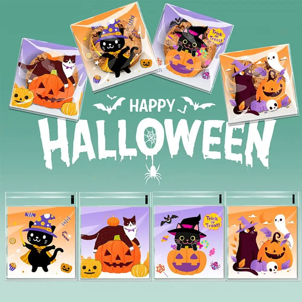 100PCS Mixed Pattern Halloween Candy Bags 10*10cm+3cm OPP Baking Wrap Bag Transparent Cellophane Self-sealing Sugar Cookies Bag