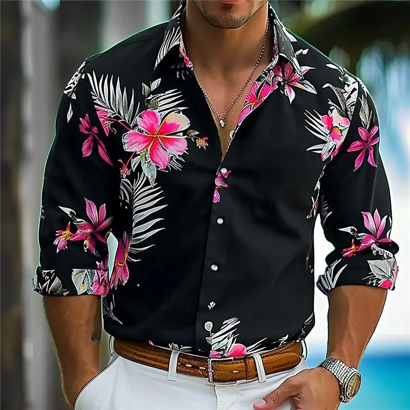 Floral men's holiday Hawaiian print shirt street holiday daily wear spring and summer cuffed long-sleeved shirt