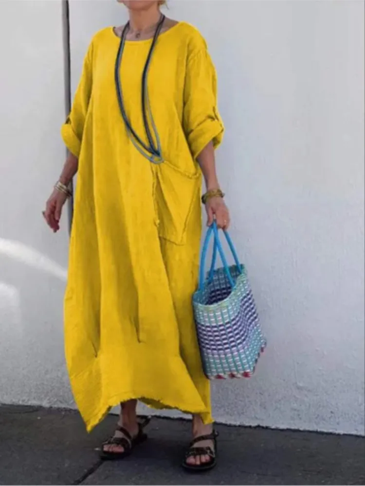 

Spring Autumn Women Pocket Dresses Round Neck Long Sleeve Dress Loose Straight Ankle Length Casual Commute Homewear Maxi Dress