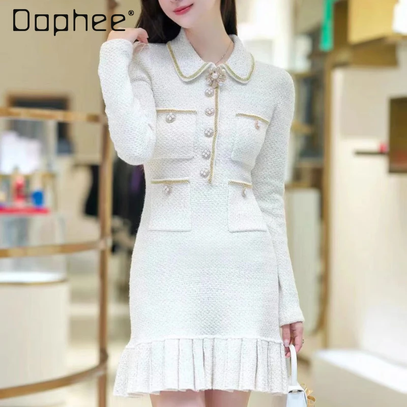 

Socialite Pearls Buckle Knitted Dress for Women 2024 Spring and Autumn New French Woman Long Sleeve Pleated Short Knit Dresses