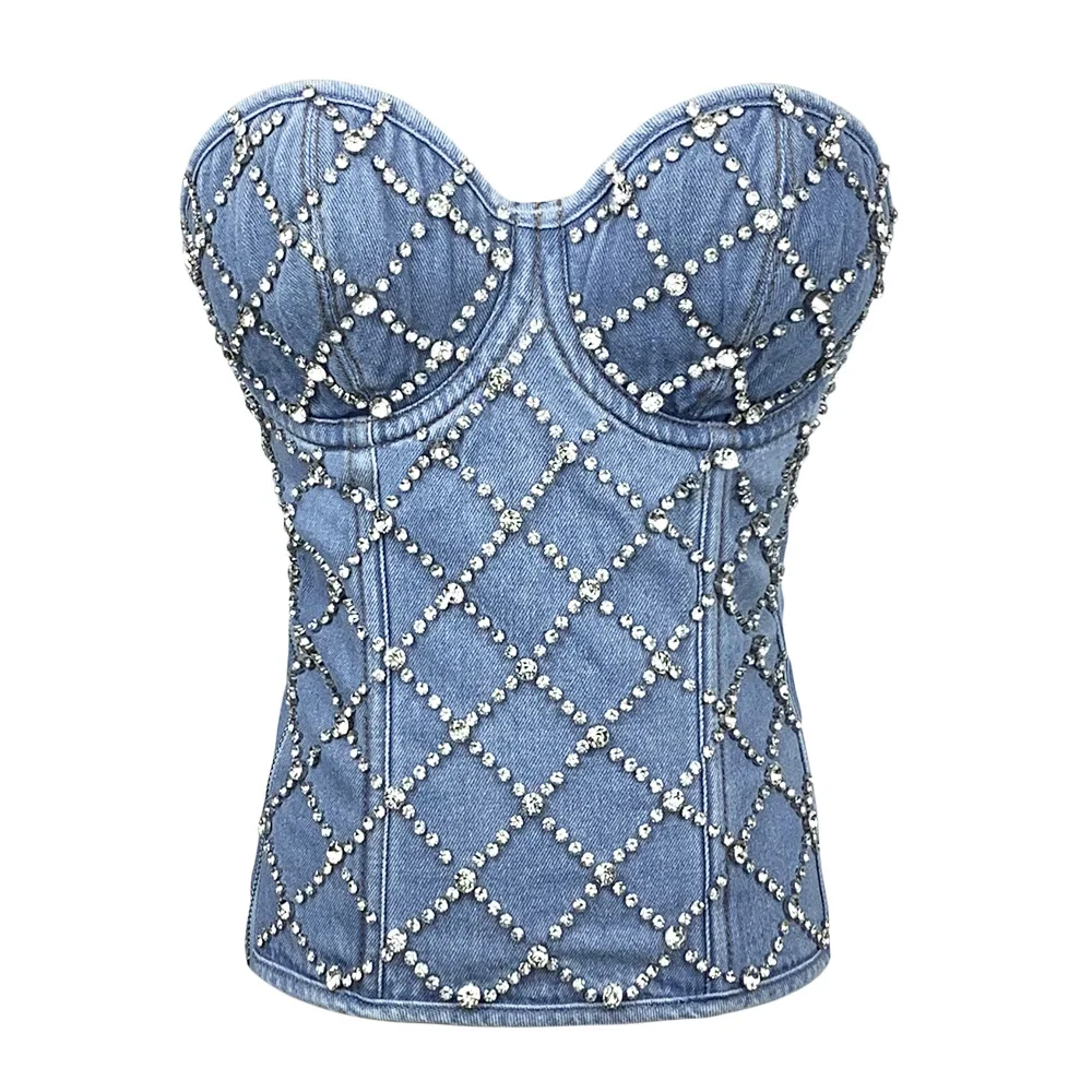 Diamond Embellished Slim Fit Zipper Denim Cotton Vest Belted Shaping Performance Vintage Style Top for Women