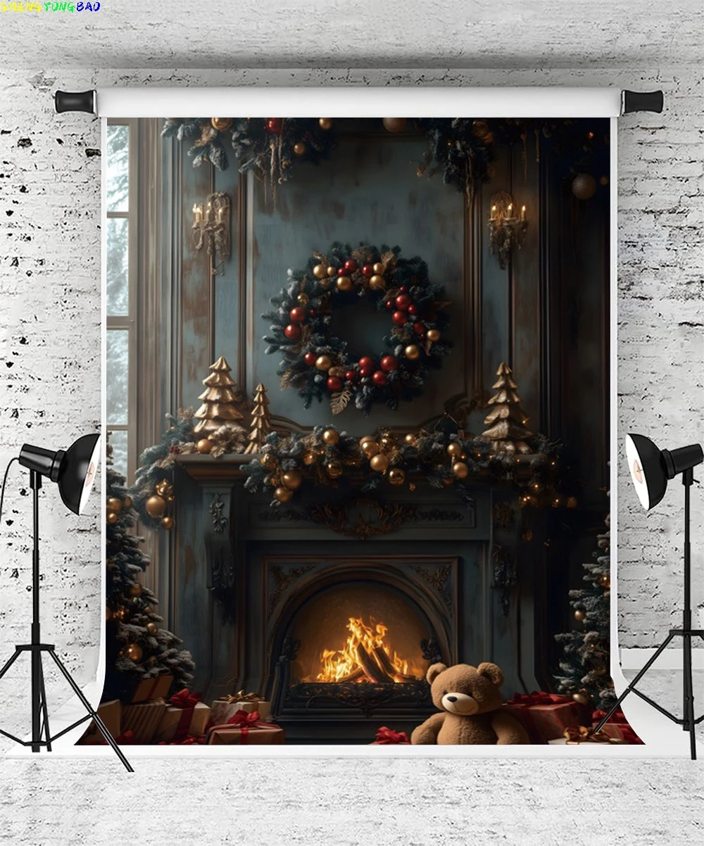 Fondos de fotografía de Navidad 2024 Feliz Navidad chimenea oso árbol de Navidad decoración interior Banner retrato de niño foto Prop