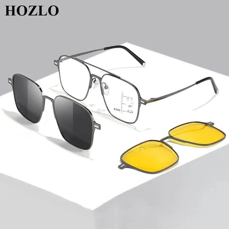 Fashion Polarized Magnet Clips Cover Lenses Progressive Reading Sunglasses Women Men Double Bridge Pilot Presbyopic Glasses UV