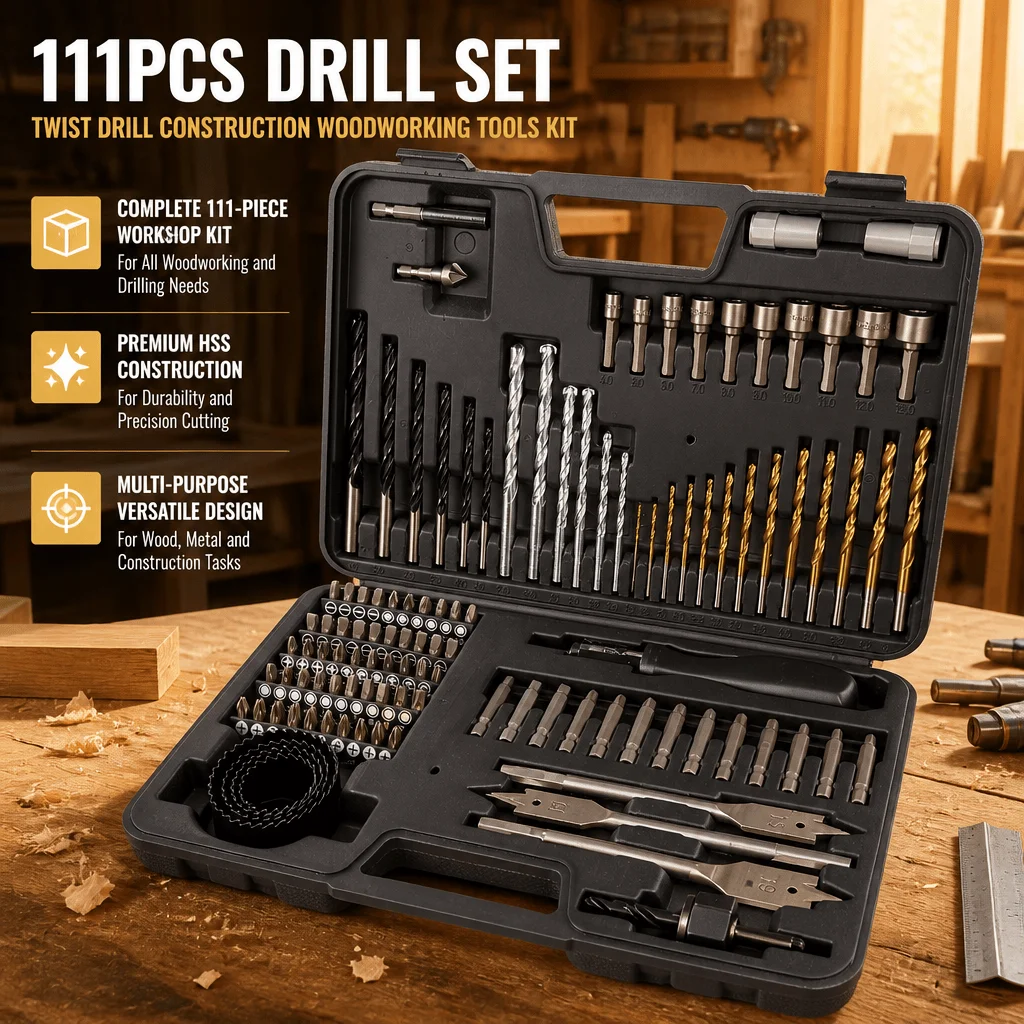 111Pcs HSS Twist Drill Bit Set Woodworking Carpenter Tool Kit Multi-Purpose Construction DIY Tool Set Hole Opener Storage Case
