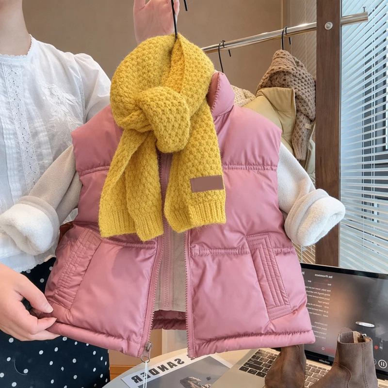 Winter Girls Boys PU Leather Vest Solid Color Thick Warm Stand Collar Waterproof Waistcoat For 3-12Years Cotton Down Jacket
