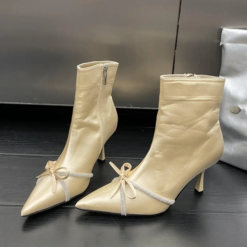 

Eilyken Fashion Crystal Butterfly-knot Pointed Toe Women Ankle Boots Spring Autumn Zipper Thin High Heels Ladies Shoes