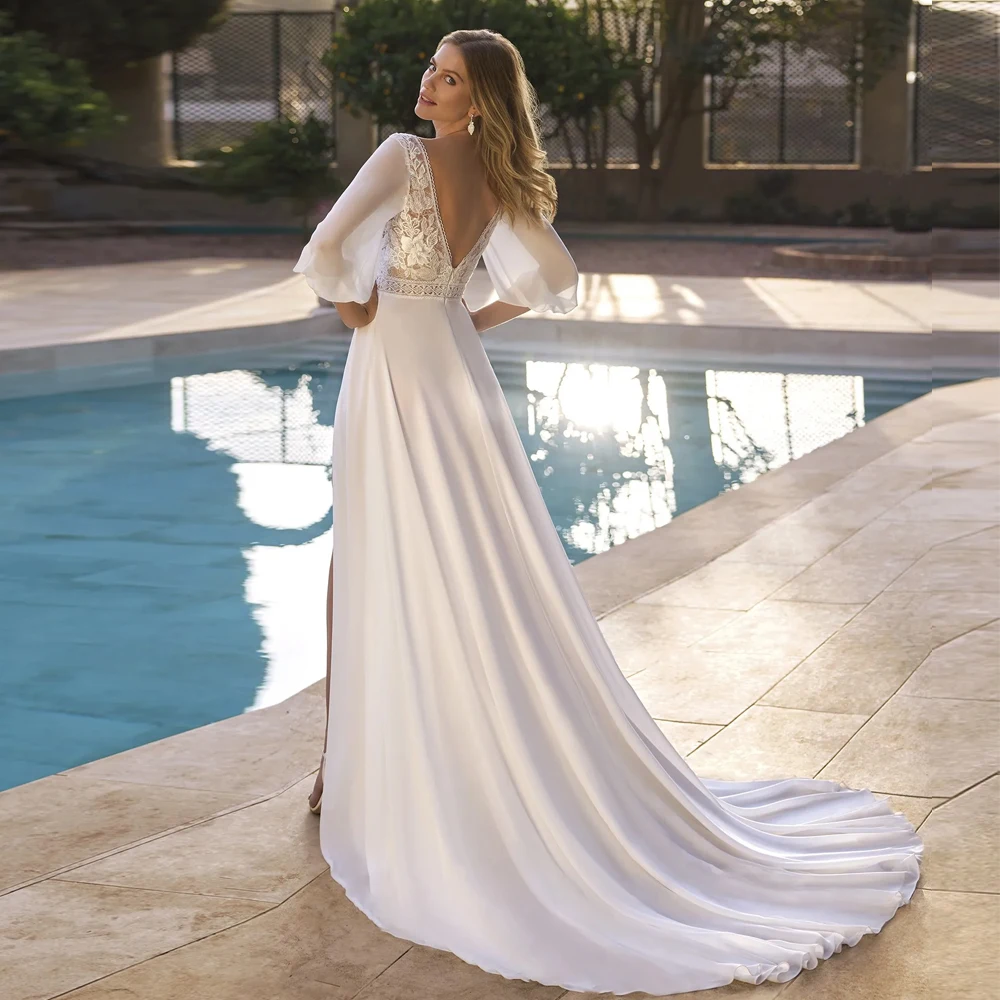 Vestidos De Novia clásicos con cuello en V, línea A, media manga, apliques personalizados, listones De encaje, abertura lateral, Vestidos De Novia