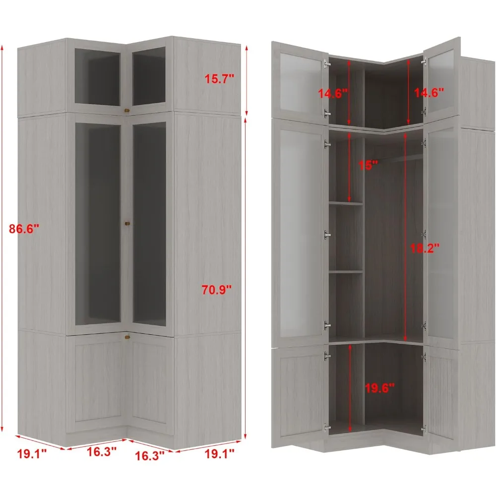 L-Shape Armoire Wardrobe Closet with Frosted Glass Doors, Wooden Closet Storage Cabinet with Top Cabinet for Bedroom