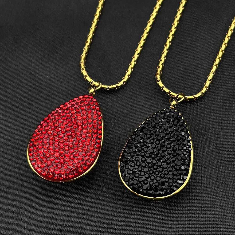 

Teardrop Shape Red Black Full Rhinestones Pendant Necklace for Women Stainless Steel Gold Color Luxury Chain Jewelry Gift
