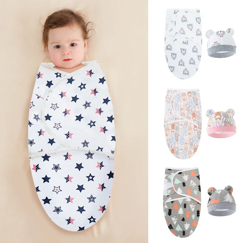 Baby Blanket Hat Set Cartoon Printed Cotton Newborn Swaddle Adjustable Infant Sleeping Swaddle Wraps All Seasons 0-6 Months