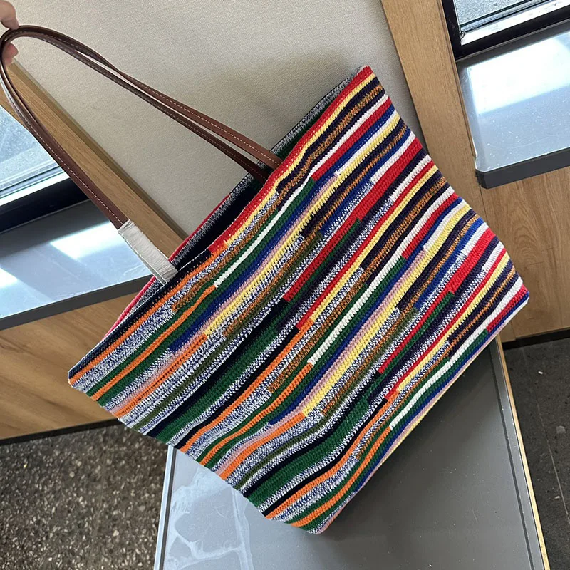 Brand Rainbow Colorful Handmade Straw Bag for Women 2024 New Female Handbag Summer Girls Shoulder Bag Beach Tote Bag