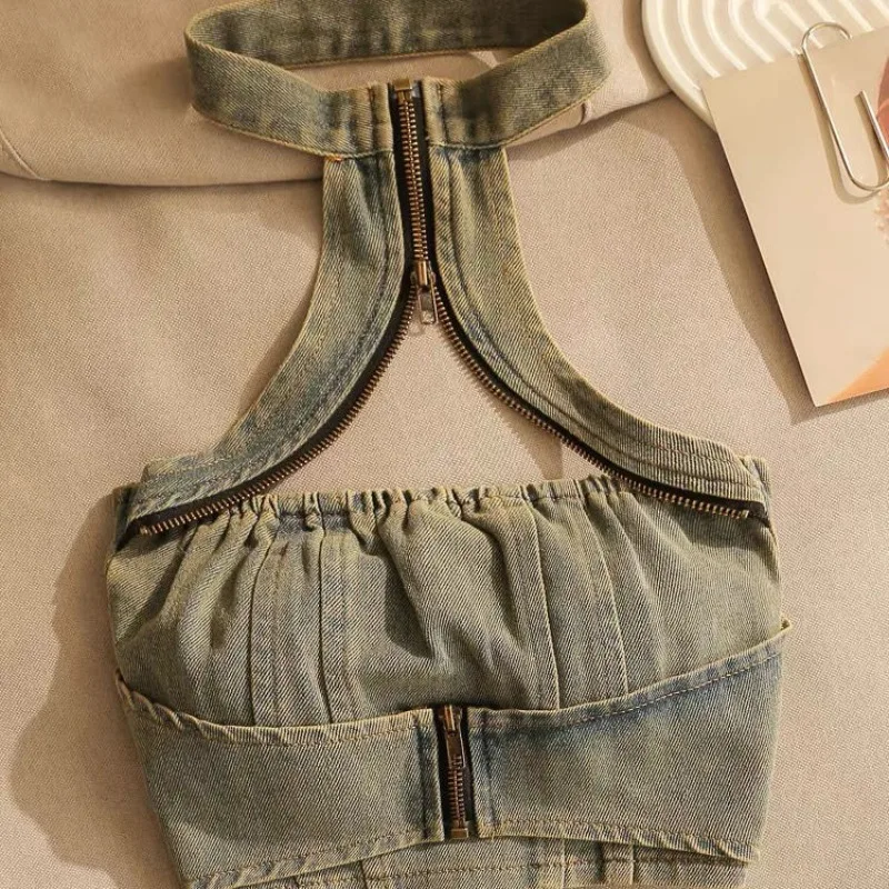 Vintage Denim Camisole Vest Female Summer with Zipper Tupe Top r Sleeveless Denim Camis 2024