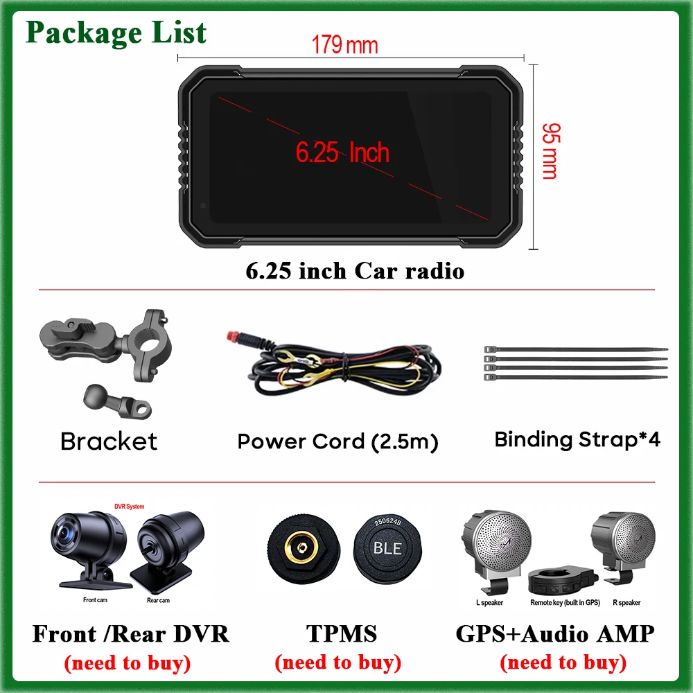 Pantalla de navegación para motocicleta de 6,25 pulgadas, 1560x720, CarPlay inalámbrico, Android, Auto, Motor GPS, Monitor DVR, TPMS opcional